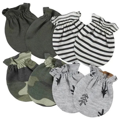 Four pairs of baby mittens in various colors and patterns, including solid green, camouflage, stripes, and gray with leaf designs.