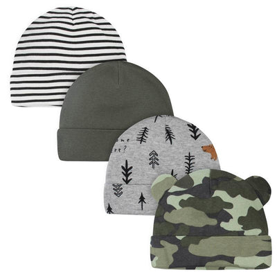 Four newborn beanies in a variety of styles: black and white striped, khaki, grey with trees and a bear, and camo with bear ears.