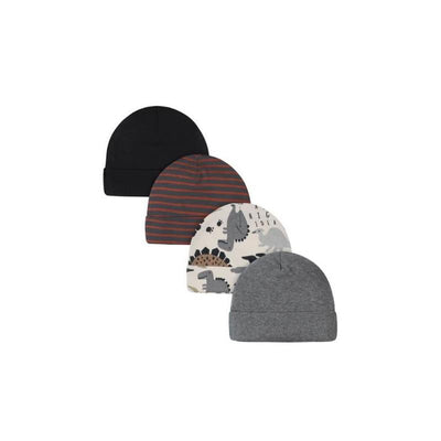 Set of four baby beanies in black, gray, striped, and a dinosaur-themed design suitable for ages 0-6 months.