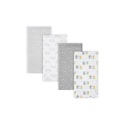 Flannel blanket set for babies featuring neutral designs with animals, clouds, and stars in soft colors.
