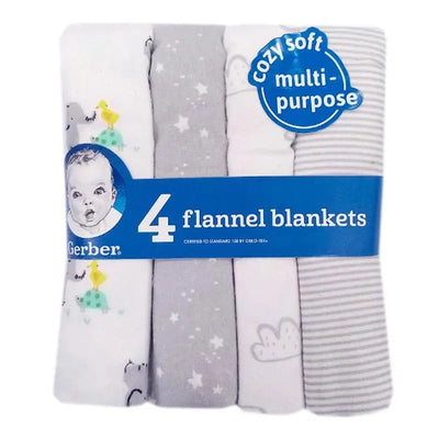 Four-pack of Gerber flannel blankets featuring baby animal designs in neutral colors.