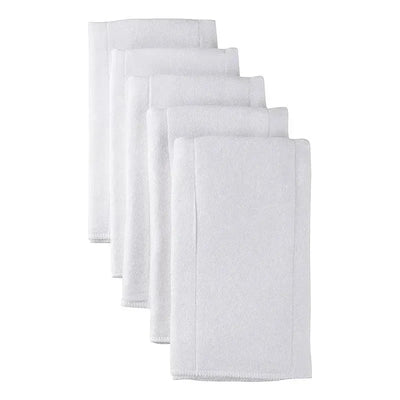 Five white heavyweight gauze prefold cloth diapers stacked neatly, showcasing their soft fabric and absorbent design.