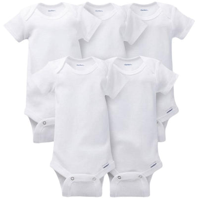 Five white baby onesies from Gerber, featuring short sleeves and snap closures at the bottom.