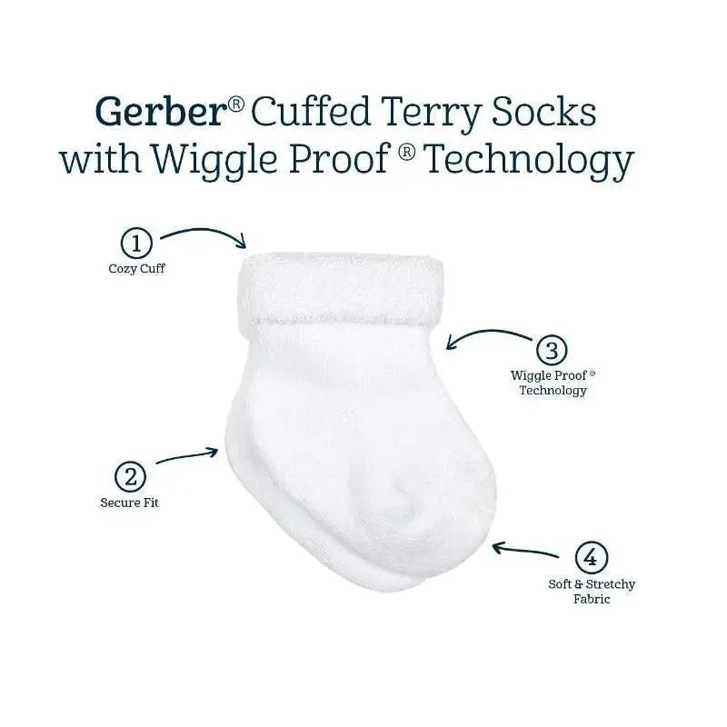 Gerber 6Pk Terry Wiggle Proof Socks, 0/3M, White