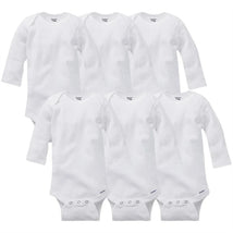 Six white long-sleeve baby bodysuits in a pack, designed for infants with snap closures at the bottom.