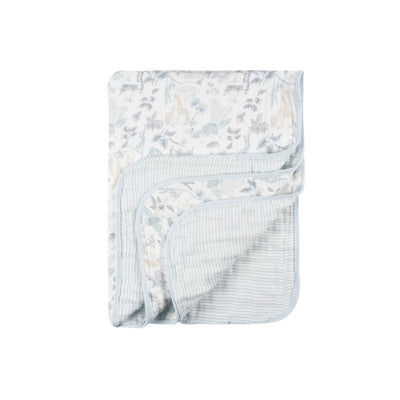 Gerber Baby Boys Muslin Blue Blanket featuring a floral and animal print on one side and a striped pattern on the reverse.