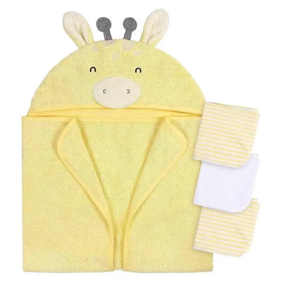 Hooded bath towel and washcloths set by Gerber, featuring a yellow giraffe design and matching striped washcloths.