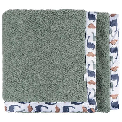 Plush green blanket with a dinosaur-themed border, designed for comfort and warmth.