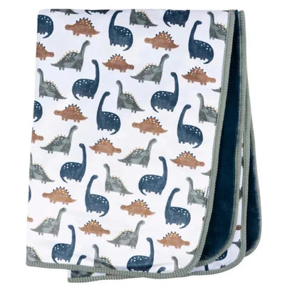 2-ply plush blanket featuring a Dino Time design with colorful dinosaurs on a white background and a green trim.