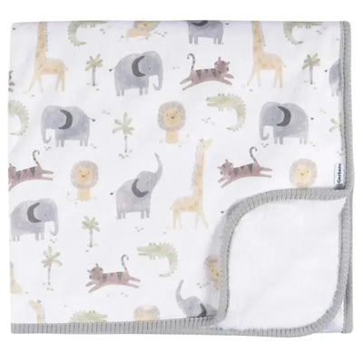 Plush baby blanket featuring neutral animal designs, including elephants, lions, and giraffes, with a soft, light gray trim.
