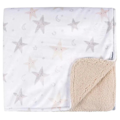 Neutral celestial-themed 2-ply plush blanket featuring soft stars and moon patterns, with a fluffy beige underside.