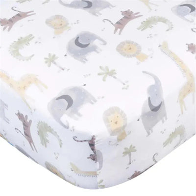 Knit crib sheet featuring a playful design of neutral animals and geometric shapes in soft pastel colors.