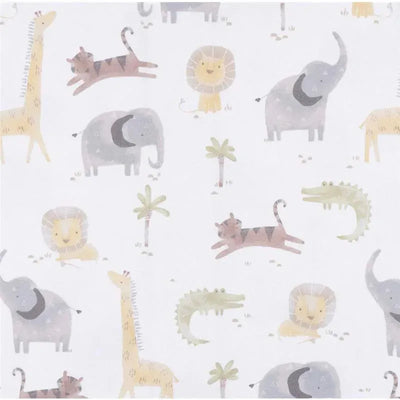 Knit crib sheet featuring playful neutral animal and geometric designs, including a giraffe, lion, elephant, and palm trees.