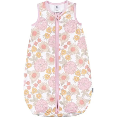Gerber Bedding Sleep Sack in Retro Floral design featuring pink and yellow flowers with a front zipper closure.