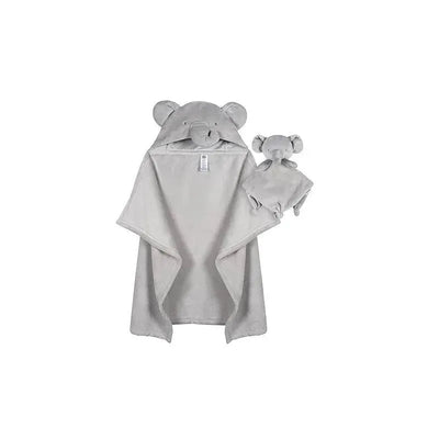 Hooded elephant blanket and matching security blanket set in soft gray fabric, featuring cartoonish elephant face design.