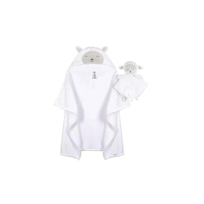 Hooded blanket and security blanket set featuring a sheep design in white, suitable for infants and toddlers.