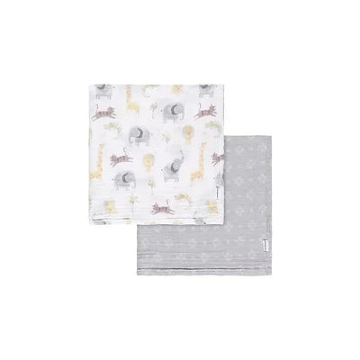 Two-pack muslin blankets featuring a neutral animal design and a geometric pattern in soft gray.