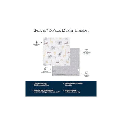 Gerber 2-Pack Muslin Blanket showcasing neutral animal and geometric patterns; features lightweight, soft, 100% cotton fabric.