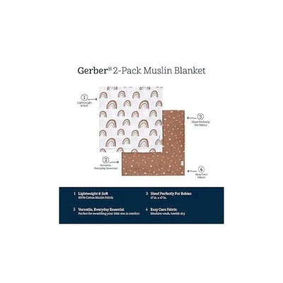 Gerber 2-Pack Muslin Blanket featuring a rainbow print and a brown speckled design, labeled with care instructions and product details.