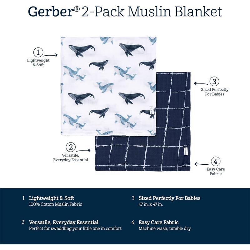 Gerber Bedding - 2Pk Muslin Blanket, Whale Image 6
