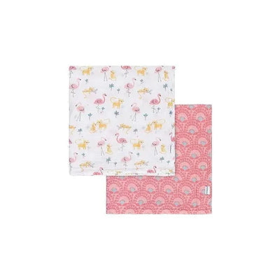 Two Gerber muslin blankets for girls: one with a flamingo and animal print, the other in a pink geometric design.