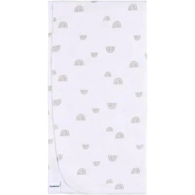 Flannel blanket from Gerber featuring a white background with subtle gray boho rainbow patterns.