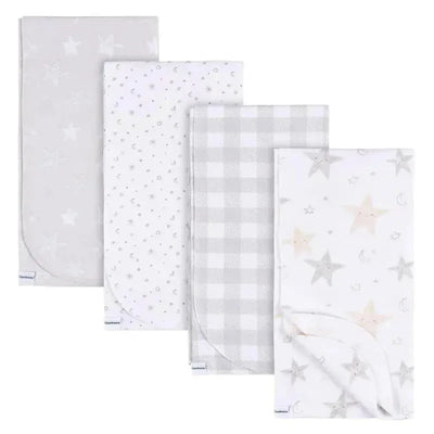Four flannel baby blankets with celestial patterns in neutral tones, featuring stars, moons, and a checkered design.