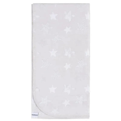 Neutral flannel blanket from Gerber Bedding, featuring a soft gray color with white celestial star patterns.