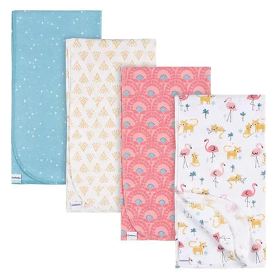 Four flannel receiving blankets from Gerber in playful patterns, including flamingos, lions, and stars.