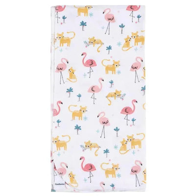 Gerber Bedding four-pack flannel sheets featuring colorful flamingo and lion illustrations on a white background.