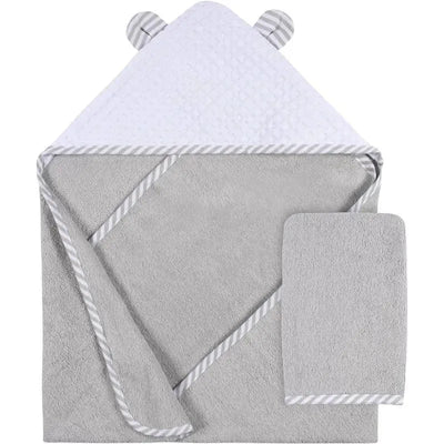 Hooded towel set featuring a gray towel with bear ears and a matching washcloth mitt in a soft texture.