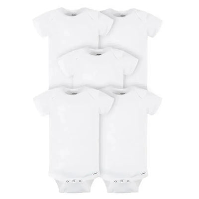 Five white short sleeve bodysuits stacked neatly, featuring snap closures at the bottom, labeled as Gerber - ONESIES.