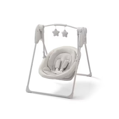 Graco Slim Spaces 2.0 Swing in Tate, features a soft fabric seat with a three-point harness and hanging star toys.