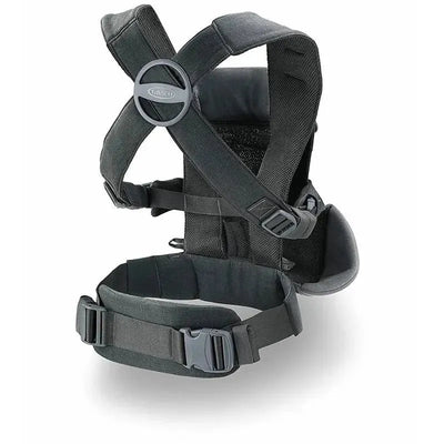 3-in-1 baby carrier in charcoal grey with adjustable straps, a padded seat, and secure buckles for safety.