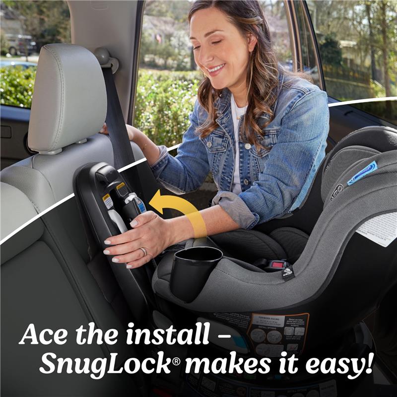 A woman installs the Graco EasyTurn 360 2-in-1 Rotating Convertible Car Seat using the SnugLock® system in a vehicle.