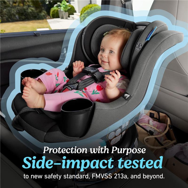 Graco EasyTurn 360 car seat with a seated baby, featuring side-impact protection and safety compliance text.