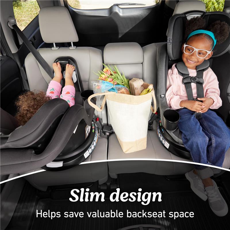 Graco EasyTurn 360 2-in-1 Rotating Convertible Car Seat, Cyran, with a child and groceries in a spacious backseat.