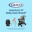 Graco EasyTurn 360 2-in-1 Rotating Convertible Car Seat with gray fabric, a high chair, and a stroller against a blue background.