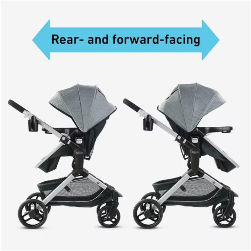 Graco Modes Nest Travel System showing strollers in rear- and forward-facing positions with adjustable canopies.