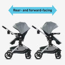 Graco Modes Nest Travel System showing strollers in rear- and forward-facing positions with adjustable canopies.