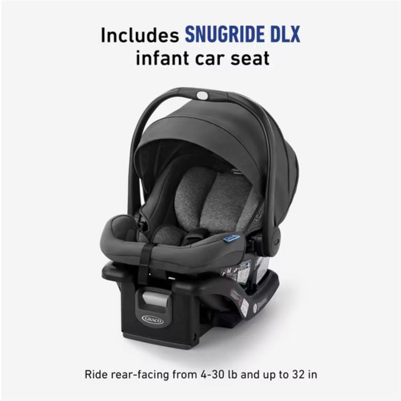 Graco Modes Nest Travel System with SnugRide DLX infant car seat, featuring a gray seat and adjustable canopy, rear-facing design.