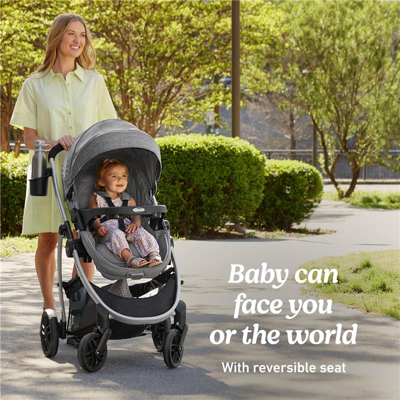 Graco Modes Pramette travel system in gray, featuring a child facing forward, with a parent nearby in a park setting.