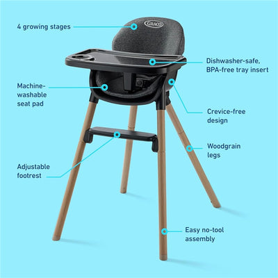 Graco Ready2Dine DLX 4-in-1 Highchair with adjustable footrest, washable seat pad, woodgrain legs, and BPA-free tray.