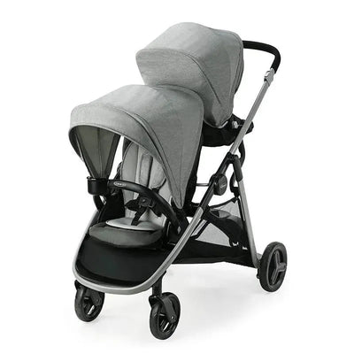 Graco Ready2grow Lx 2.0 Double Stroller in Clark, featuring two seats, adjustable canopies, and a sleek gray design.