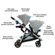 Graco Ready2grow Lx 2.0 Double Stroller in Clark, featuring canopies, removable rear seat, cup holders, and easy-access storage basket.