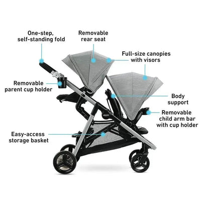 Graco Ready2grow Lx 2.0 Double Stroller in Clark, featuring canopies, removable rear seat, cup holders, and easy-access storage basket.