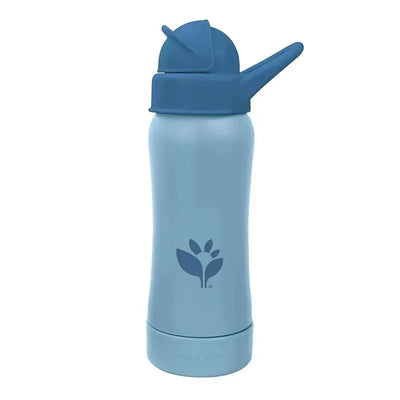 10 oz Blueberry Sprout Ware straw bottle with a light blue body and dark blue lid featuring a flower logo.