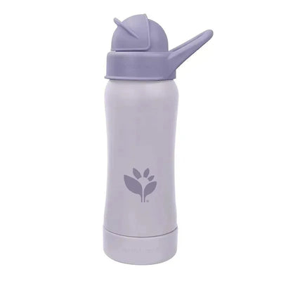 10 oz plum-colored sprout bottle with a straw and flower logo, designed for eco-friendly use.
