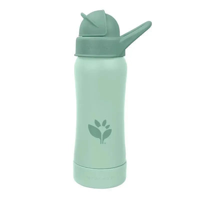 10 oz Sage-colored straw bottle by Green Sprouts featuring a plant logo and a flip-top lid for easy drinking.