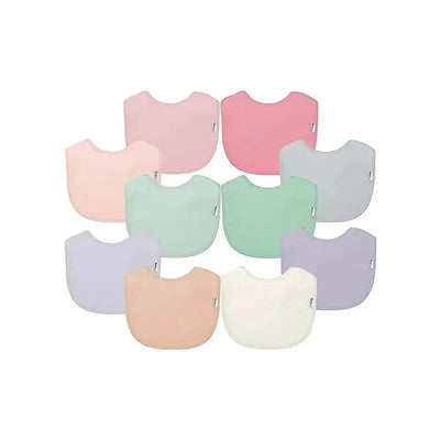 Unisex baby bibs set featuring ten stay-dry bibs in various pastel colors, designed for infants.